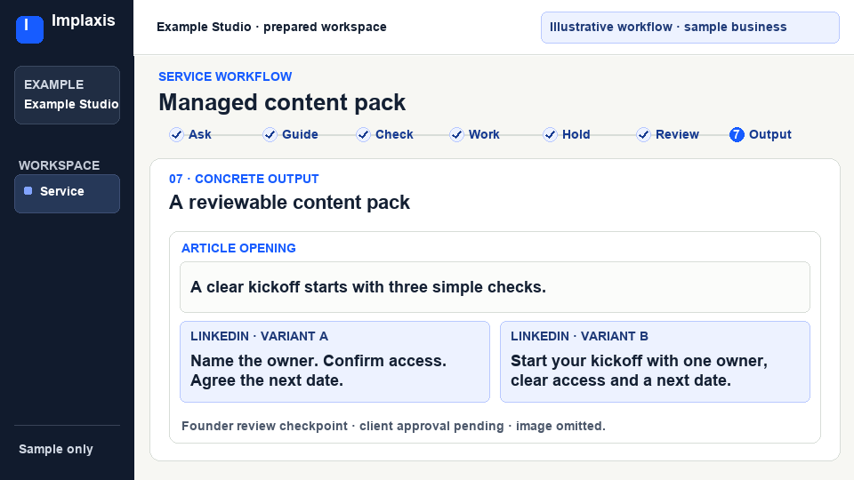 Have Implaxis prepare useful content and social drafts for review.